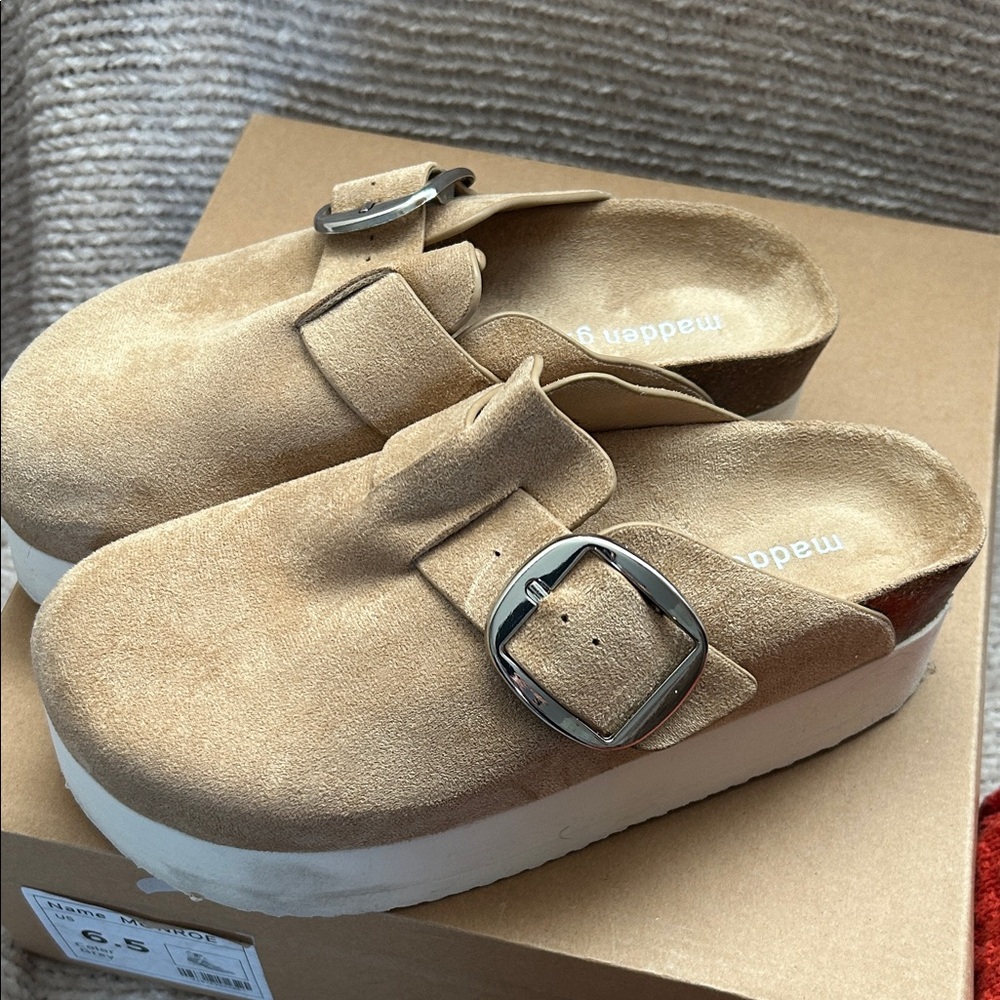 Madden Girl Beige Suede Clogs with Silver Buckle